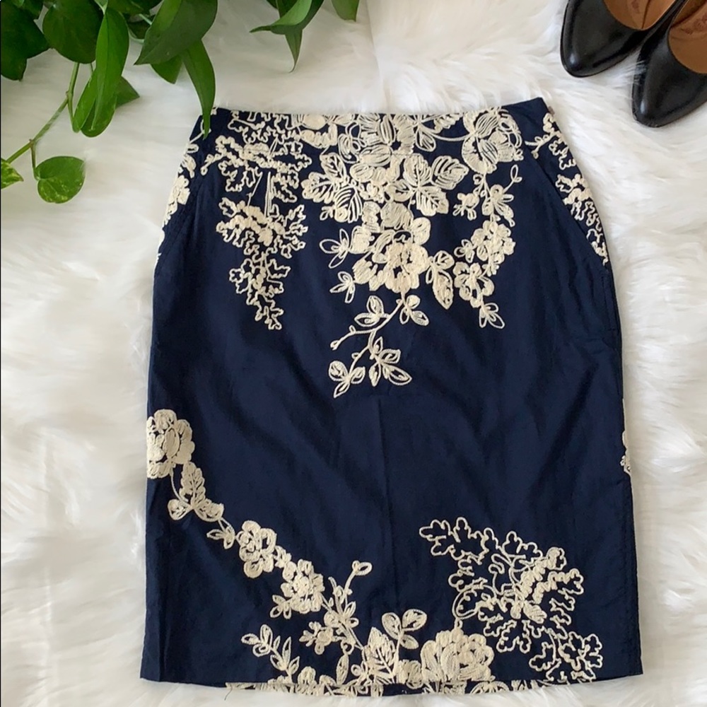J. Crew Navy Pencil Skirt with Cream Floral Appliqué